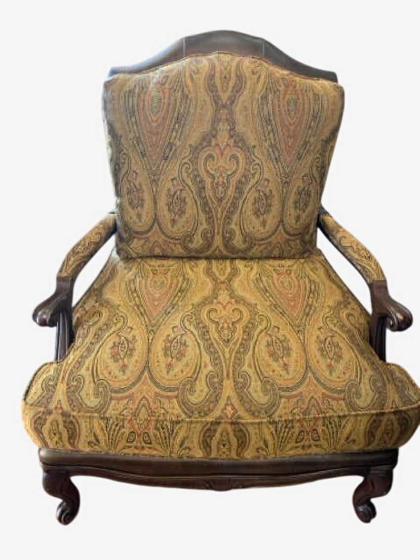 Ethan Allen Bergere Chair with Brown Paisley Leather & Carved Wood - image 0