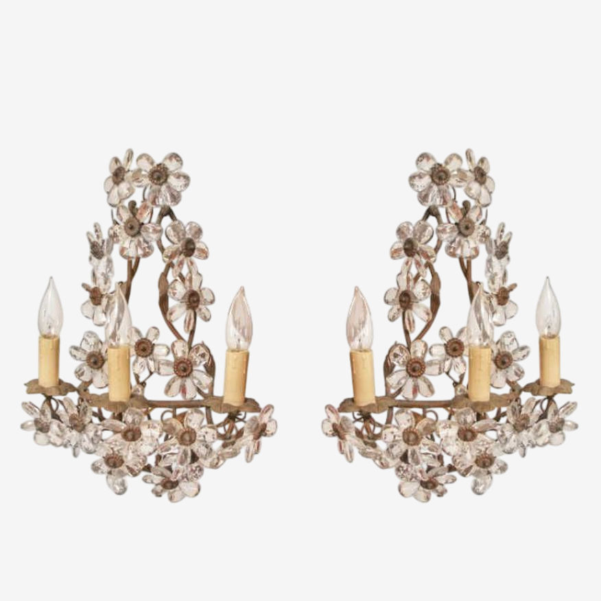 Pair of Antique Maison Baguès Wrought Iron with Crystal Flower Sconces C1920s - image 0
