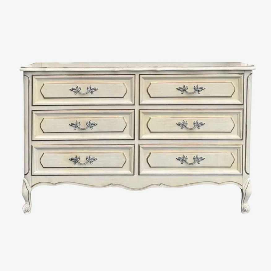 French Provincial Dresser by Henry Link - 1970s Vintage Ivory White & Gold Farmhouse Shabby Chic Credenza with 6 Drawers - image 0