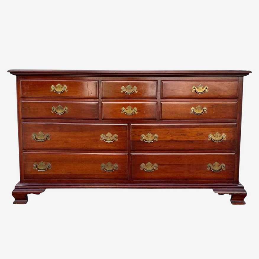Vintage Cherry Wood Dresser by Hampshire House Colonial - 10 Drawers, Brass Chippendale Pulls, Traditional Style - image 0