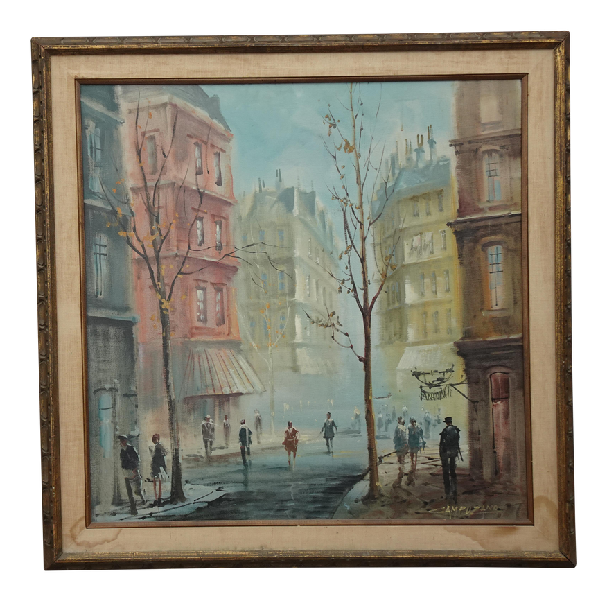 Vintage Mid Century Street Scene Oil Canvas Painting Picture Jose Luis Campuzano - image 0