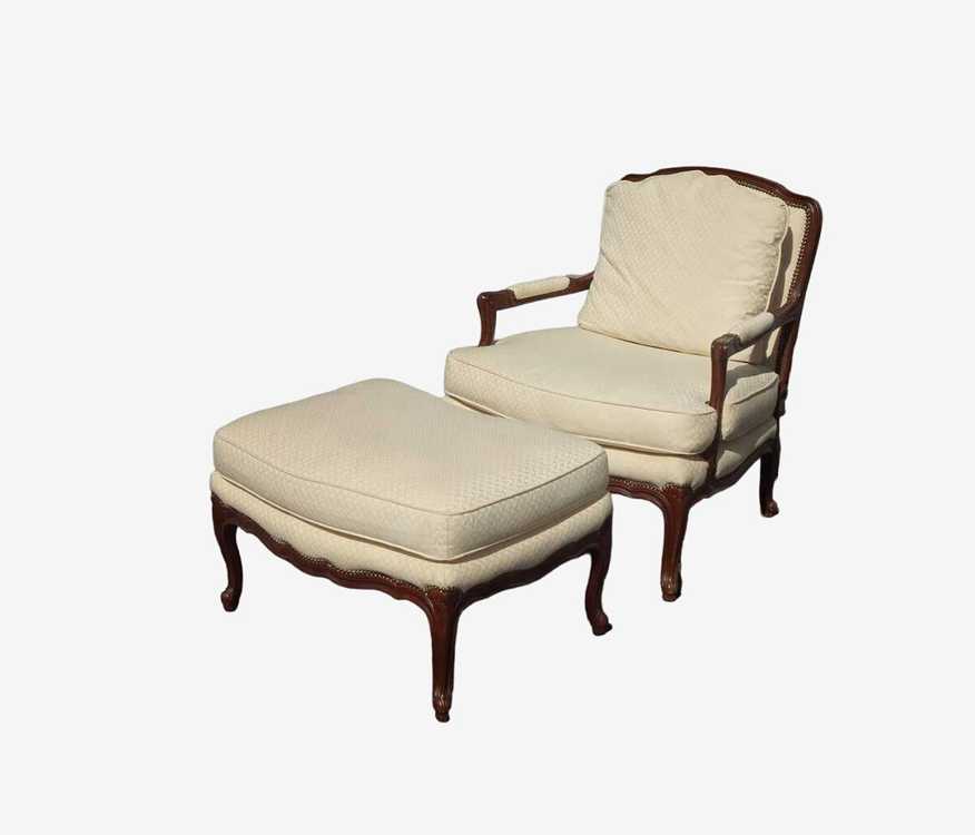 Vintage Baker Furniture White French Bergere Chair & Ottoman w Down Feathers - image 0