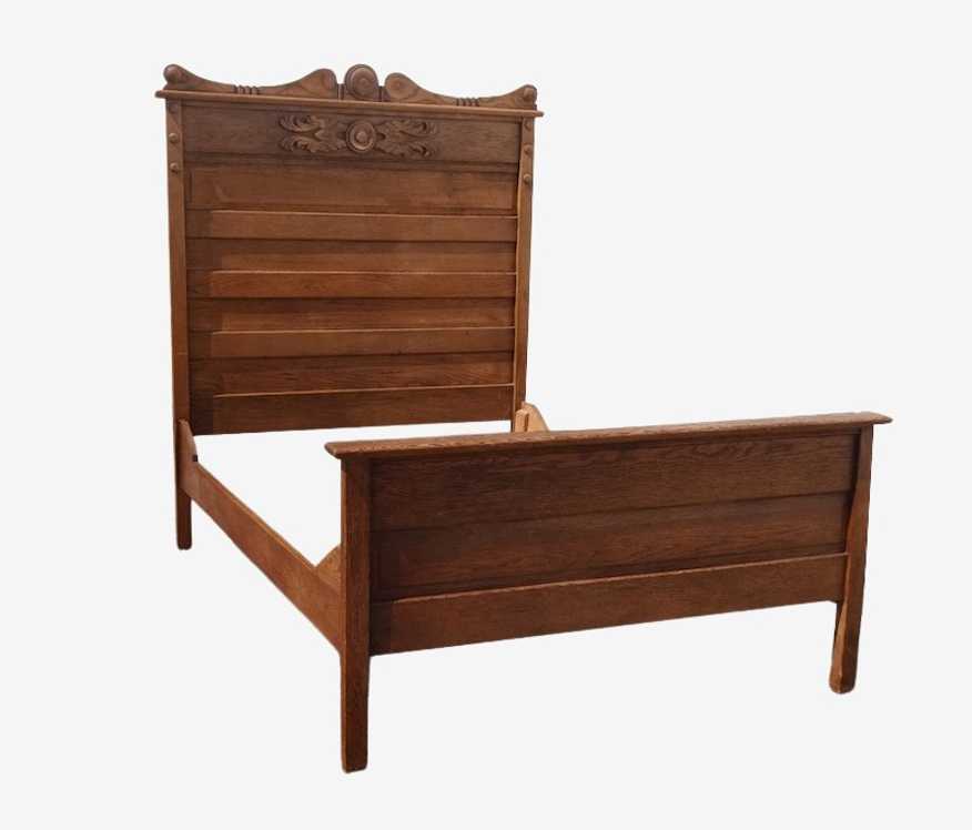Antique French Country Oak Full Size Bed Frame Headboard Footboard - image 0