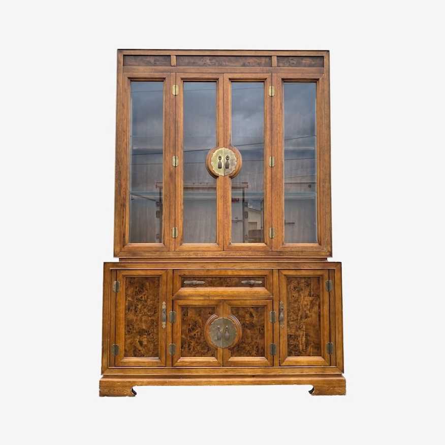 Chinoiserie China Cabinet by Bernhardt with Asian Style Brass Hardware & Lighted Glass Hutch - Vintage Illuminated Hollywood Regency Display - image 0