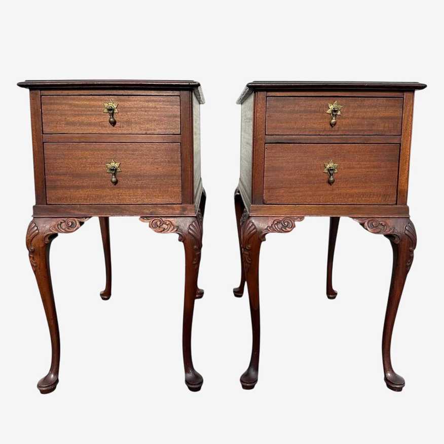 Vintage Queen Anne Nightstands Pair by True Grand Rapids - 2 Drawer, Carved Mahogany Wood, Elegant Cabriole Legs, English Style End Tables - image 0