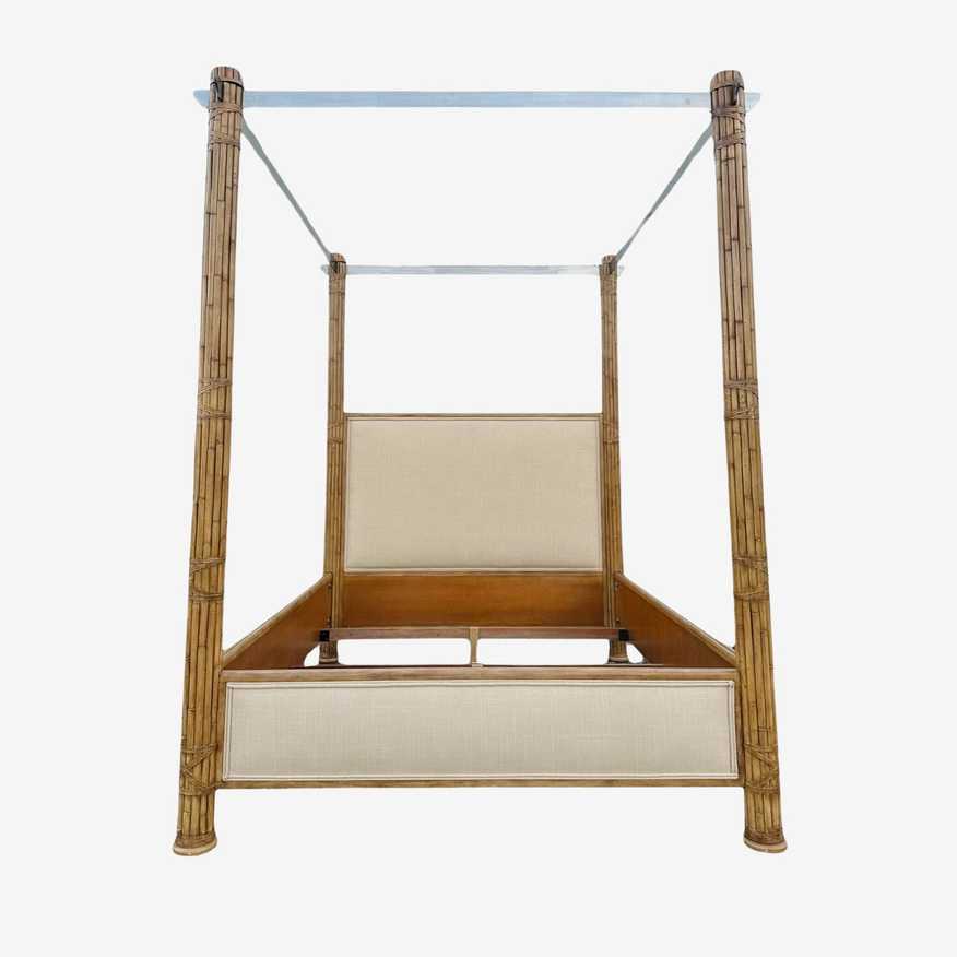Bamboo Queen Poster Bed with Steel Canopy and Cream Linen Fabric - Vintage Hollywood Regency Coastal Tropical Rattan Upholstered Furniture - image 0