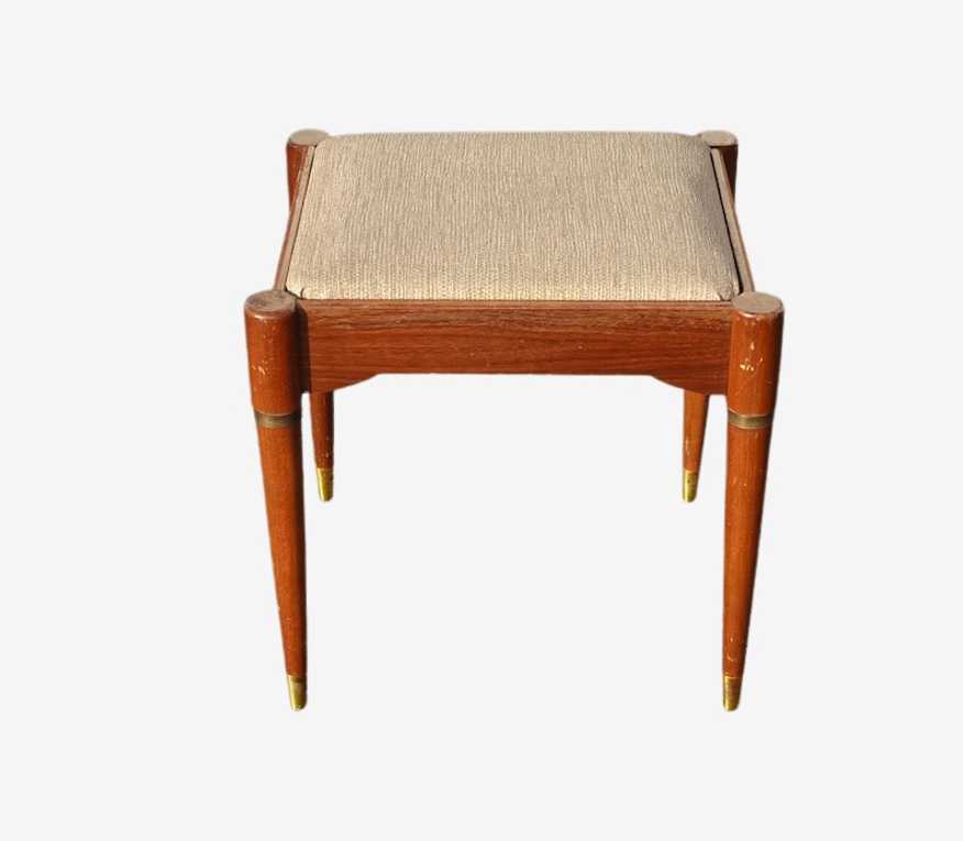 Vintage Mid Century Modern Brown Bench Footstool w Tan Fabric - image 0