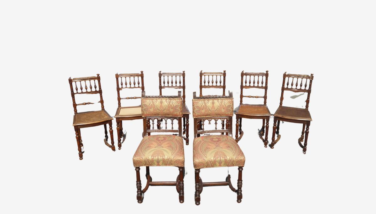 Set Eight Antique Vintage Ornate Spanish Style Dining Room Chairs