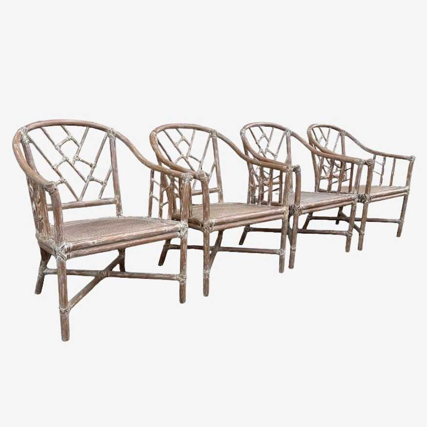 Set of 4 Rattan Arm Chairs with Chinese Chippendale Backs & Cane Seats - Vintage Chinoiserie White Wash Faux Bamboo Wood Hollywood Regency - image 0
