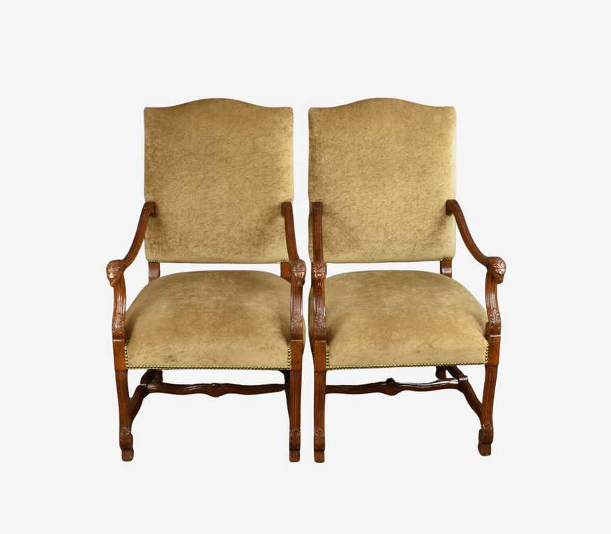 Pair of Louis XVI Style Handcrafted Throne Chairs Carved Lion Head Arm Rests by Vanguard Furniture Velvet Upholstery Nail Head Trim - image 0