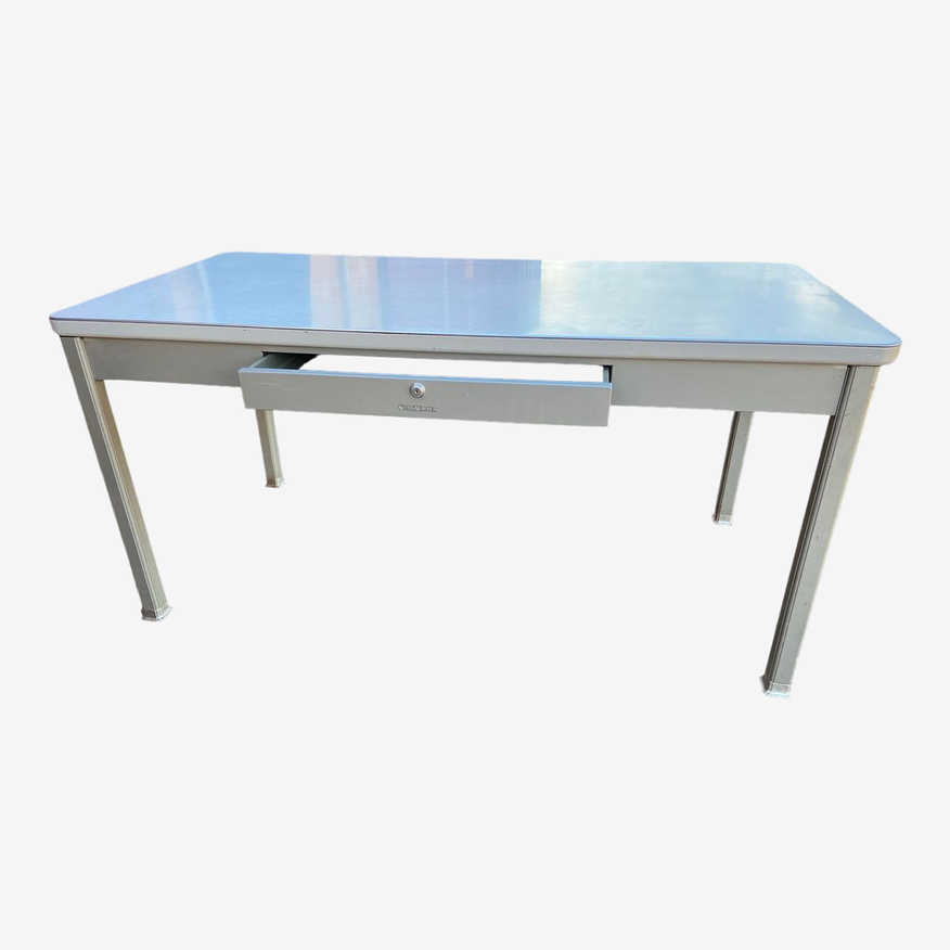 1970s Shaw Walker Vintage Mid Century Modern Metal Tanker Desk With Patina - image 0