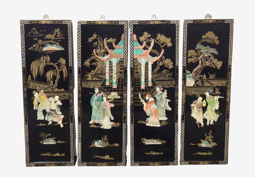 Vintage Black Oriental Asian Wall Four Panel Screen ~ Temple w Geisha's Picture - image 0