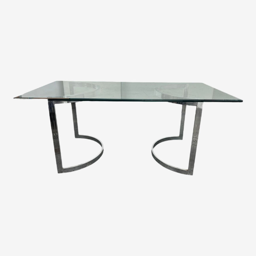 Milo Baughman Glass Top + Chrome Crescent Pedestal Bases Table - image 0