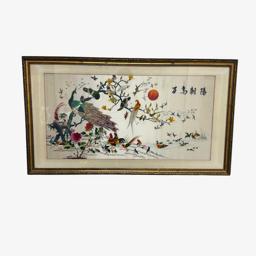 Vintage."Hundred Birds" Silk Embroidered Panel, Framed - image 0
