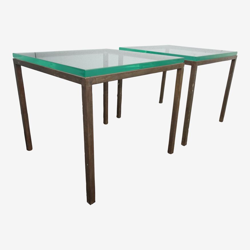 Vintage Modern Square Metal End Tables W Thick Glass ~ Nightstands - image 0