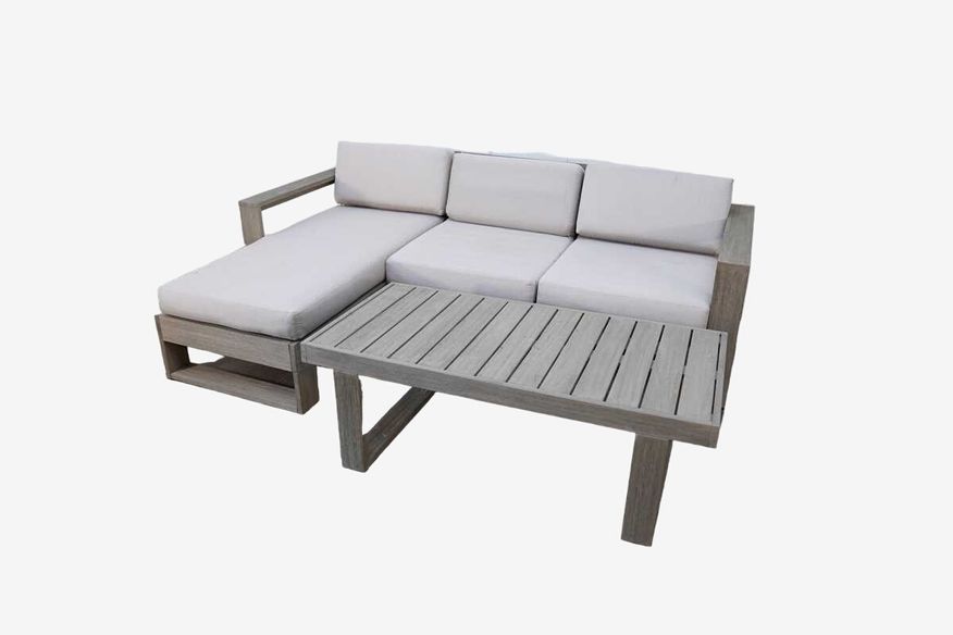 Teak Wood Outdoor Left Facing Sectional w/ Grey Cushions  w/ coffee table - image 0