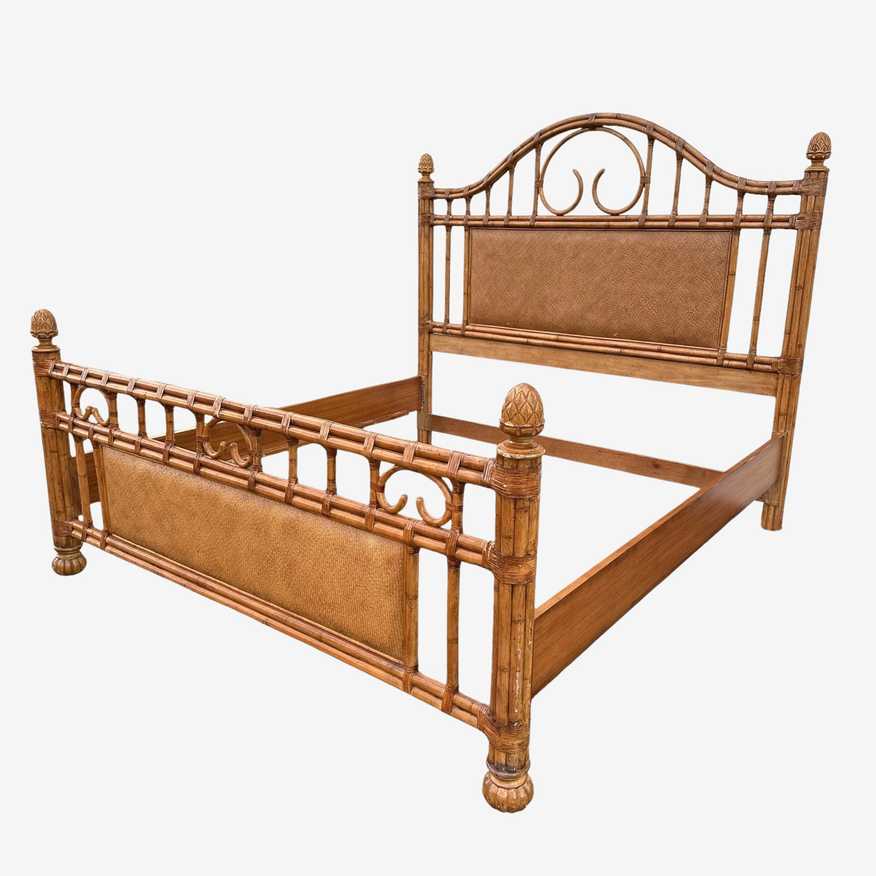 Bamboo King Bed with Rattan Post Headboard & Footboard 71" Tall - Coastal Wicker Carved Wood Artichoke Finials Tommy Bahama Style Furniture - image 0