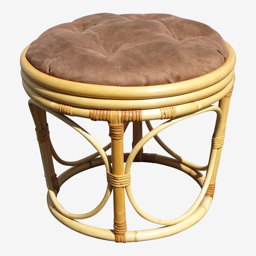 1980s Vintage Tiki Palm Beach Style Bamboo Rattan Brown Ottoman Bench - image 0