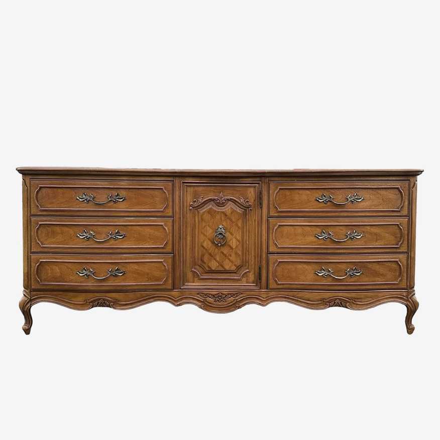 French Provincial Dresser by Thomasville 78" Long - Vintage Carved Wood Louis XV Shabby Chic French Country 9 Drawer Credenza with Door - image 0