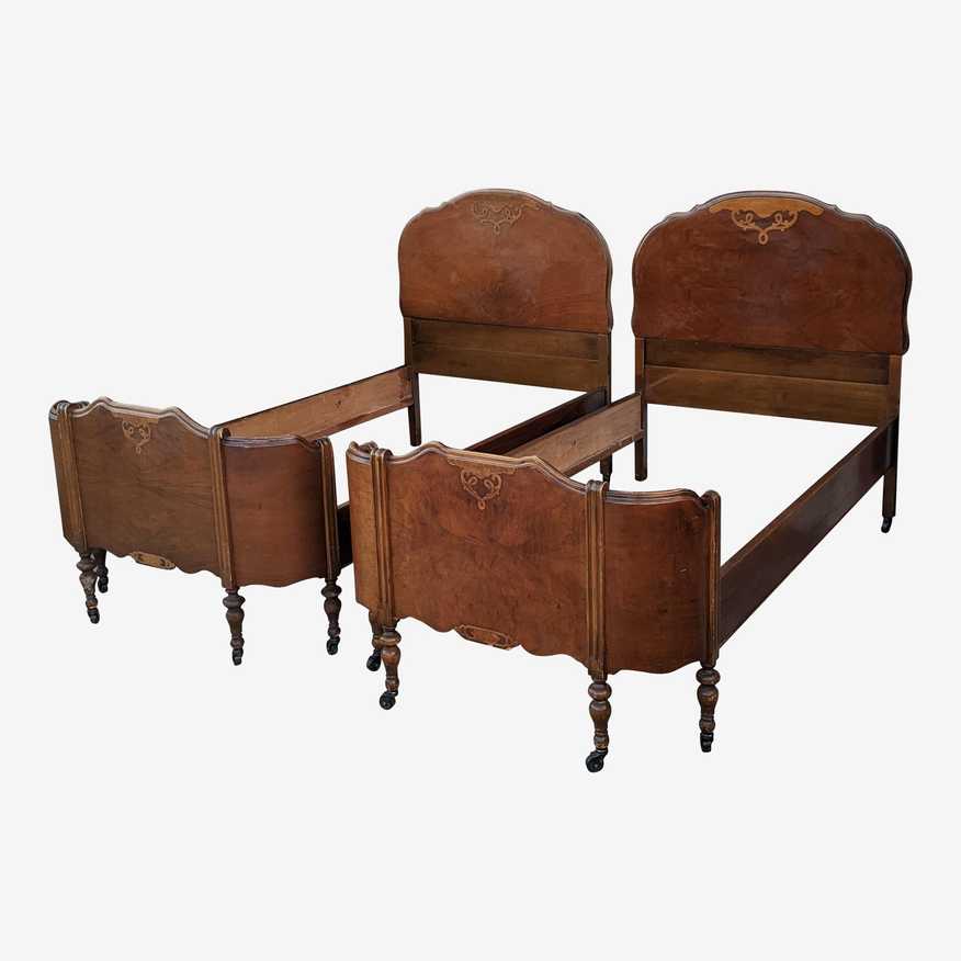 Vintage Walnut French Curved Footboard Twin Beds - a Pair - image 0