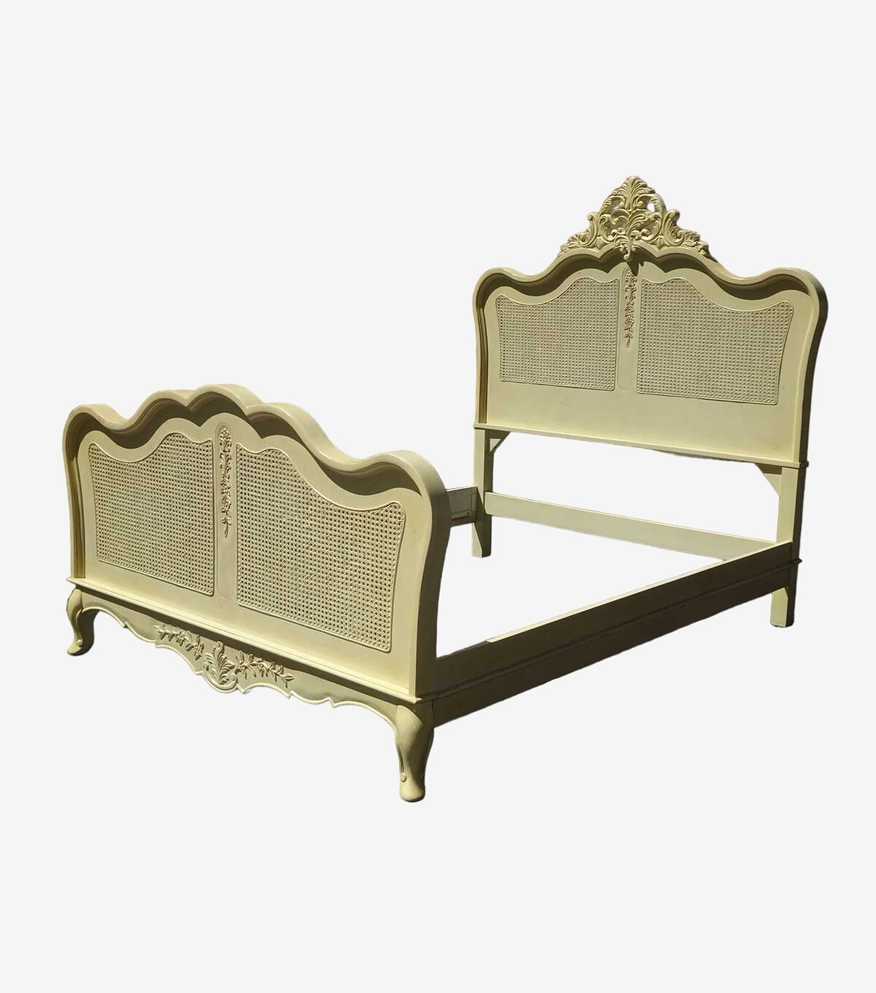 Vintage French Country Shabby Chic Yellow Queen Cane Bed Frame ~ Headboard - image 0
