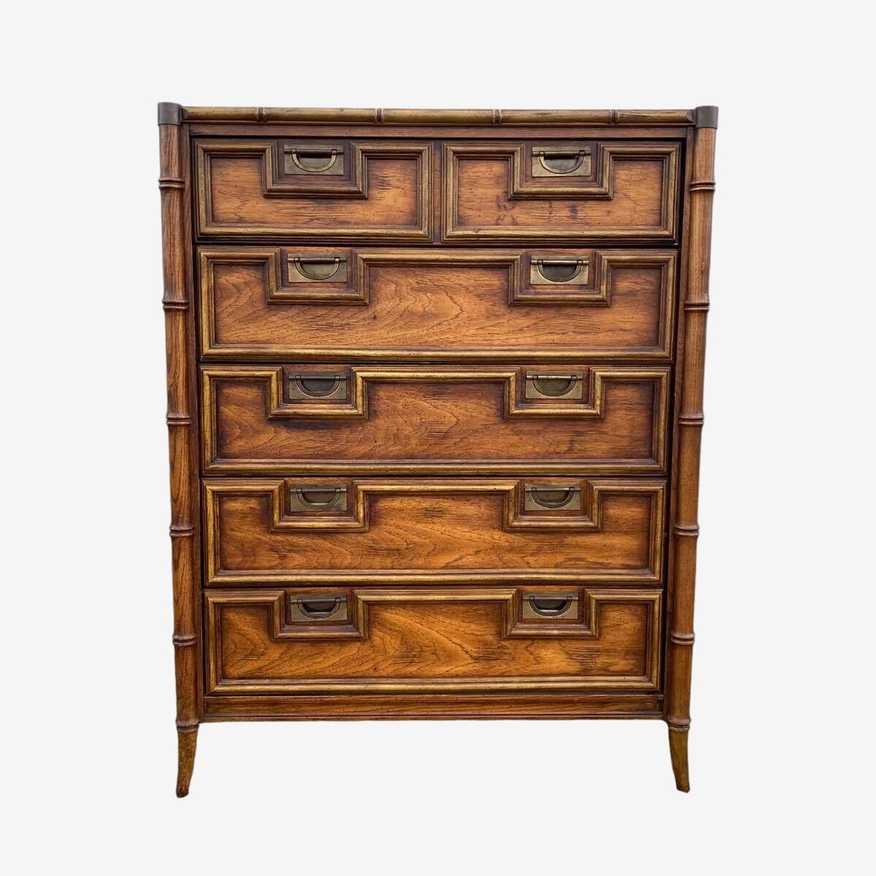 Faux Bamboo Dresser by Stanley with Brass Details - Vintage Wooden Tall Chest of 5 Drawers Chinoiserie Hollywood Regency Style Furniture - image 0