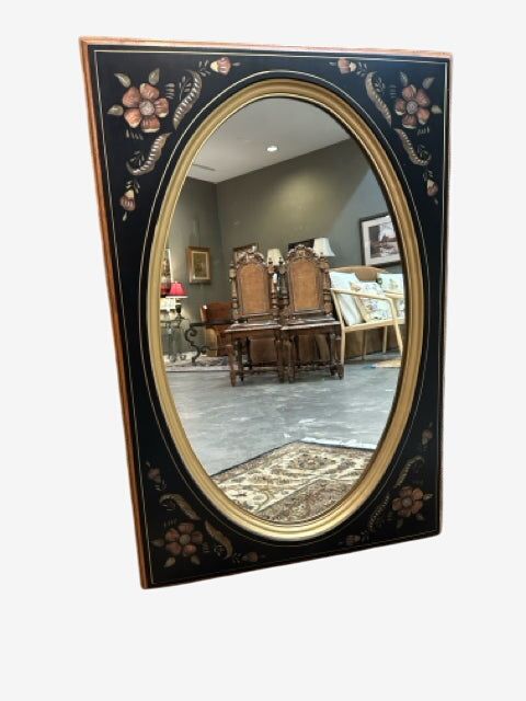 Ethan Allen Black & Gold with Painted Flowers Wall Mount Mirror