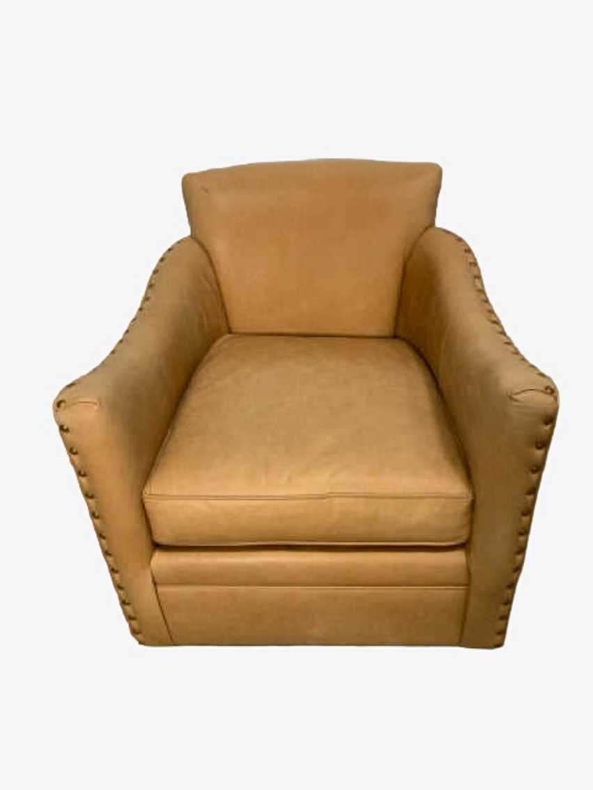 Custom Leather Swivel Chair In Camel With Gold Nailheads - image 0