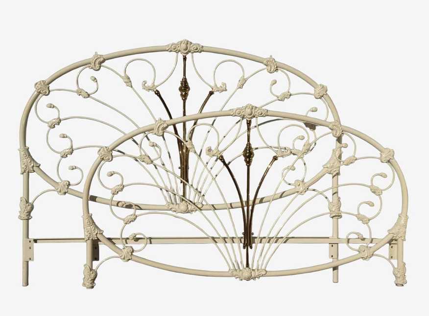 Vintage French Elliott's Designs Magnolia Cream Iron King Headboard w Footboard - image 0