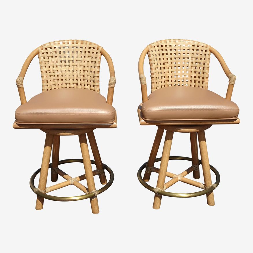 Vintage McGuire Swivel Tan Leather Barstools Bar Stools - a Pair - image 0