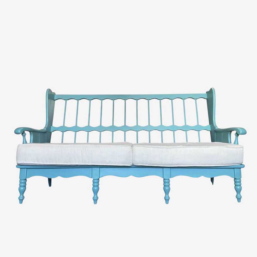 Vintage Turquoise Blue Settee 69” Long - 3 Seat Spindle Back Bench with Cushions - Aqua Cottage Farmhouse Sofa - image 0