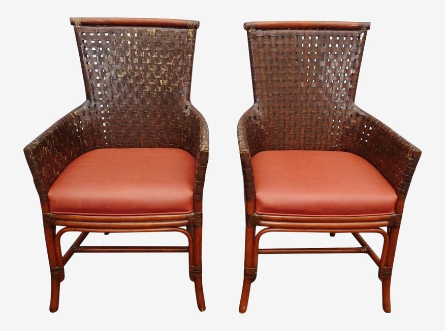 1980s Vintage Bamboo Orange Leather Palecek Accent Chairs- a - "" - a Pair - image 0