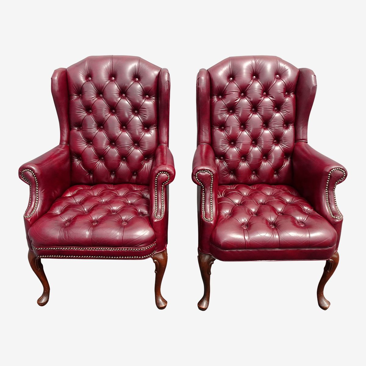 Pair Vintage Chesterfield Chairs ~ Burgundy Leather Tufted Tall ...