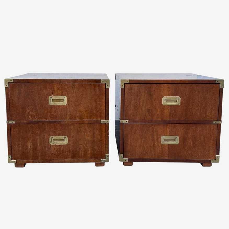 Campaign Nightstands by Henredon FREE SHIPPING Set of 2 Vintage 1970s Walnut Wood & Gold Brass End Tables Two Drawer Chests - image 0