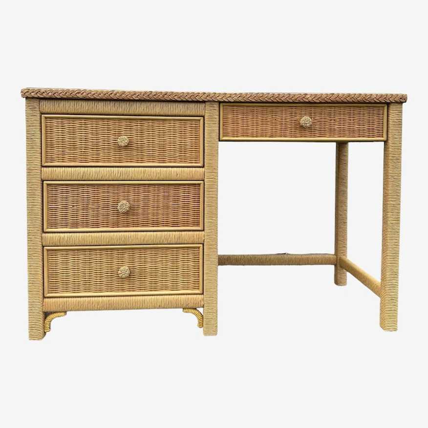 Wicker Desk by Henry Link 46” Wide - Vintage Coastal Natural Rattan Boho Chic Hollywood Regency Style Glass Table Top Furniture - image 0