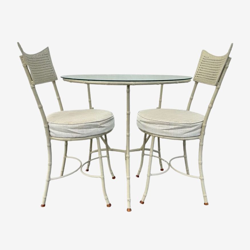 SOLD Faux Bamboo Bistro Set with Two Side Chairs and Pedestal Table - Vintage 3pc Mid Century Hollywood Regency Aluminum Metal Patio - image 0