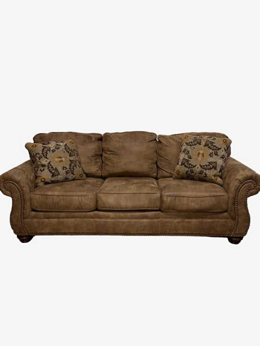 Ashley Larkinhurst Brown Microfiber Sofa with Nailheads and 2 Accent Pillows - image 0