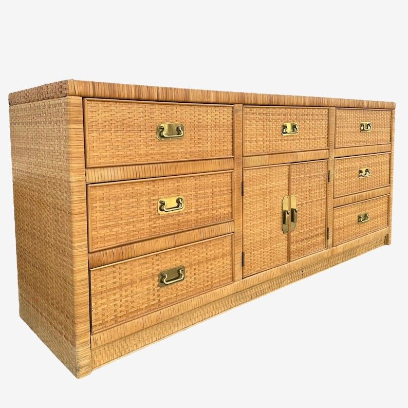 Vintage Rattan Dresser by Dixie with Woven Wicker, Brass & 9 Drawers ...