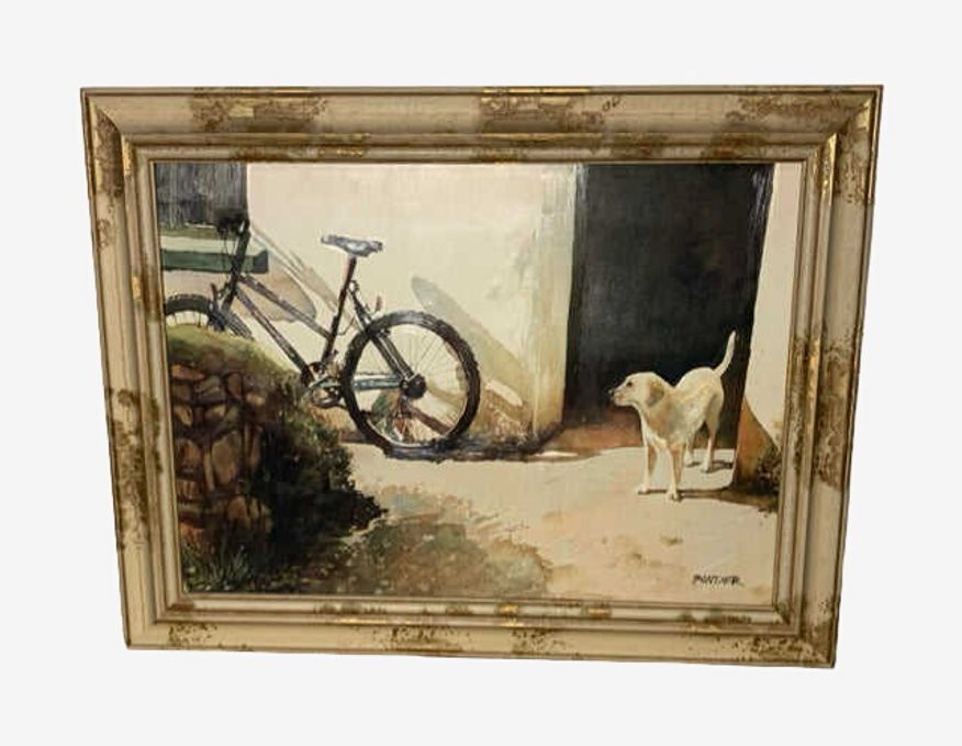 Distressed Framed Wall Art Of A Dog And Bike - image 0