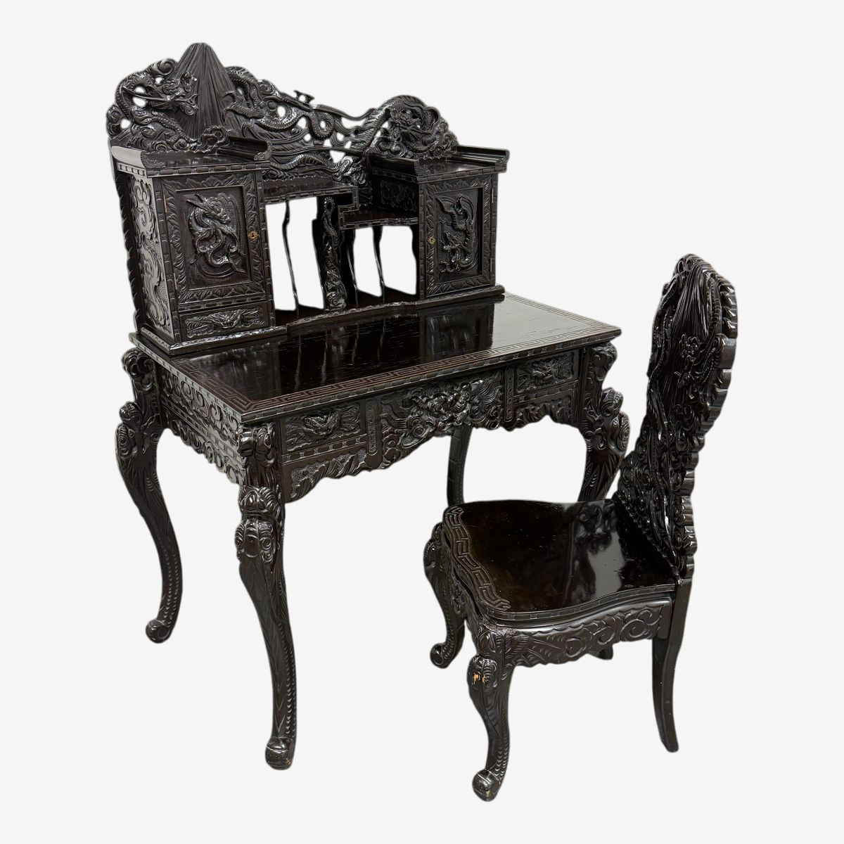 Vintage Japanese Hand Carved Dragon Carved Writing Desk + Chair