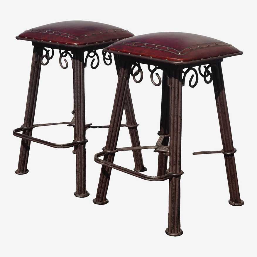 Pair Vintage Ornate Wrought Iron Bar Stools Leather Seats ~ Spanish Style Clavos - image 0