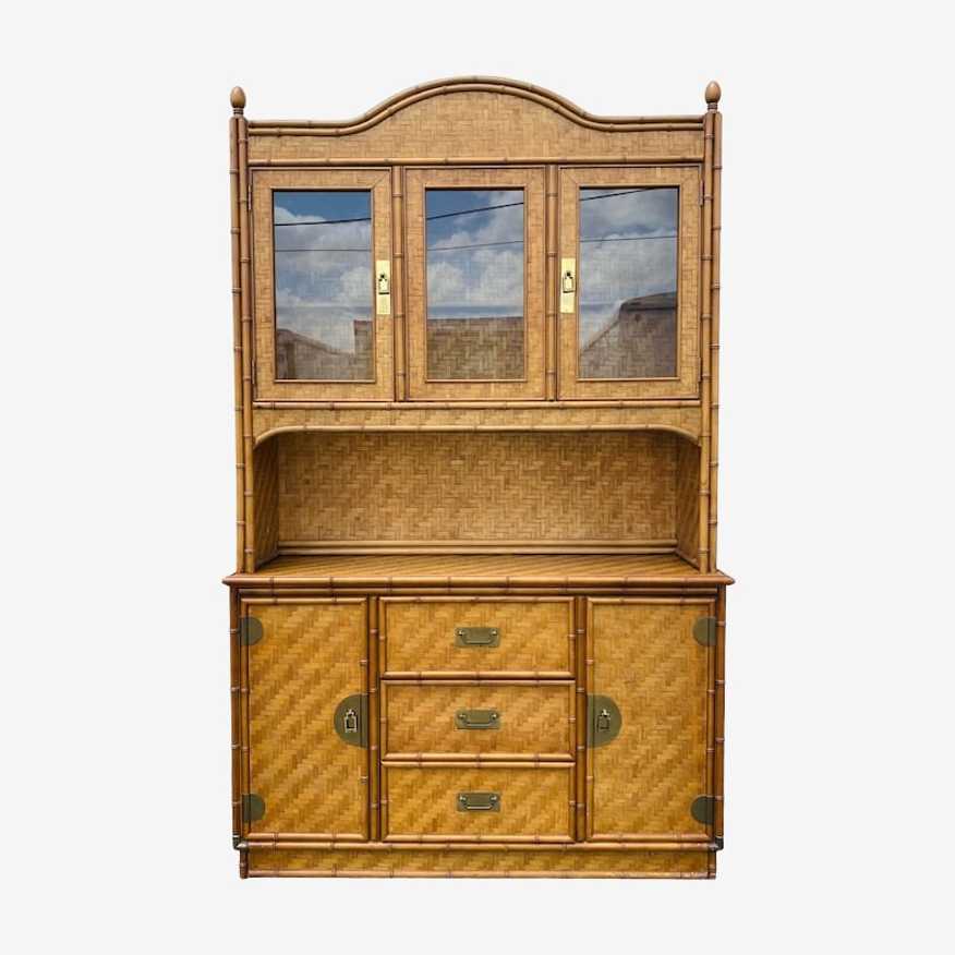 Rattan China Cabinet By Dixie - Vintage 2pc Buffet & Lighted Hutch with Boho Chic Herringbone Wicker, Faux Bamboo and Glass Display Case - image 0