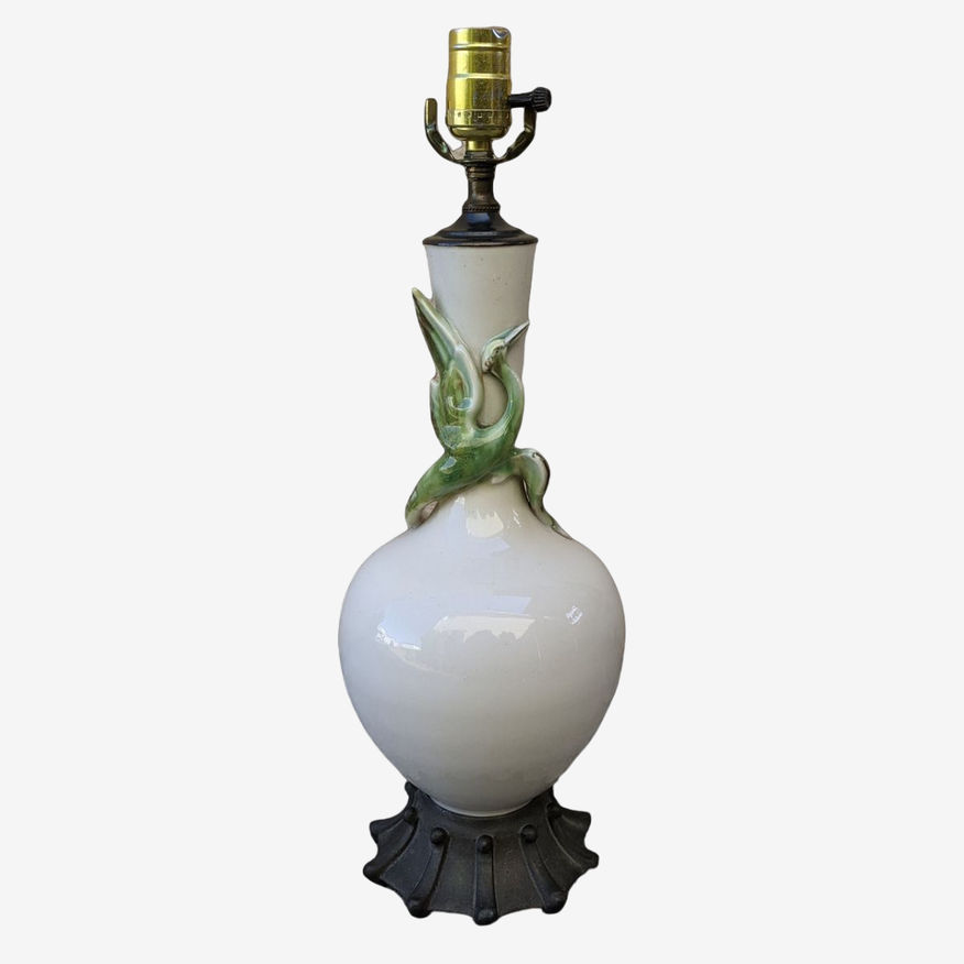 Vintage 1960s Porcelain Table Lamp Featuring Green Tromp l'Oeil Crane in Flight - image 0