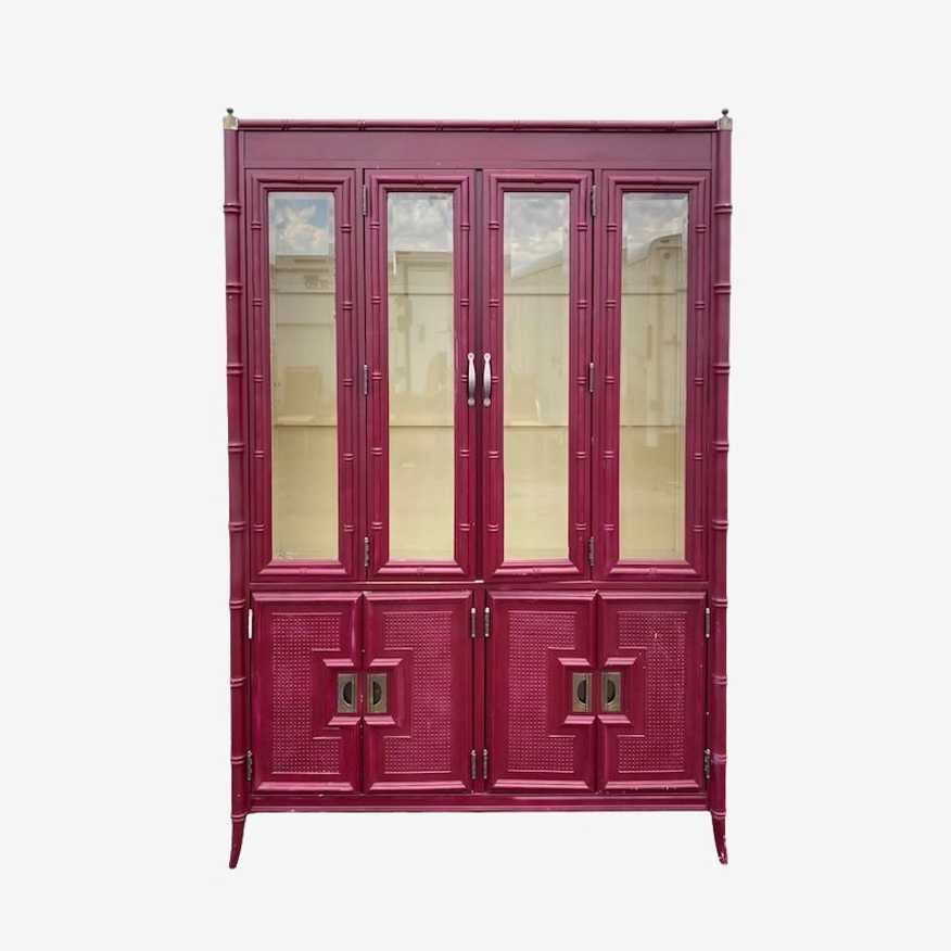 Faux Bamboo China Cabinet Project by Stanley Furniture - Vintage Illuminated Rattan Hollywood Regency Lighted Glass Display Hutch - image 0