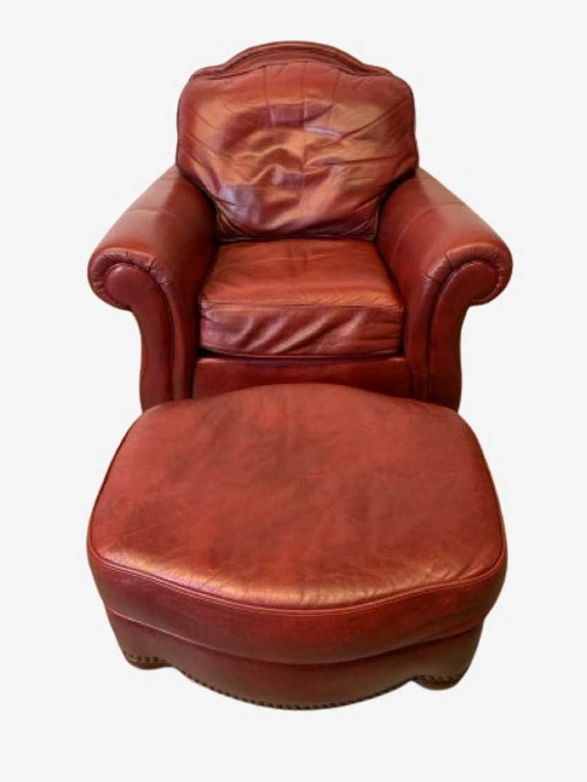 Ethan Allen Red Leather Chair With Ottoman With Nailheads - image 0