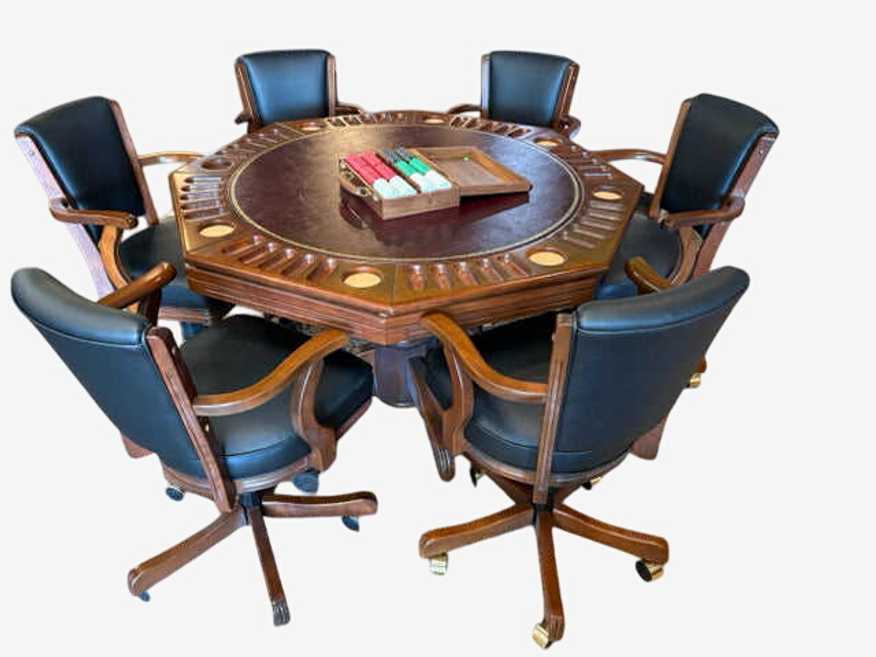 Brunswick Reversible Game Table With 6 Black Leather Chairs On Casters - image 0