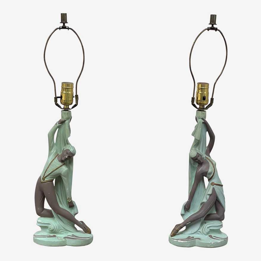 Continental Art Company Rare Green Chalkware Dancers Table Lamps, a Pair - image 0