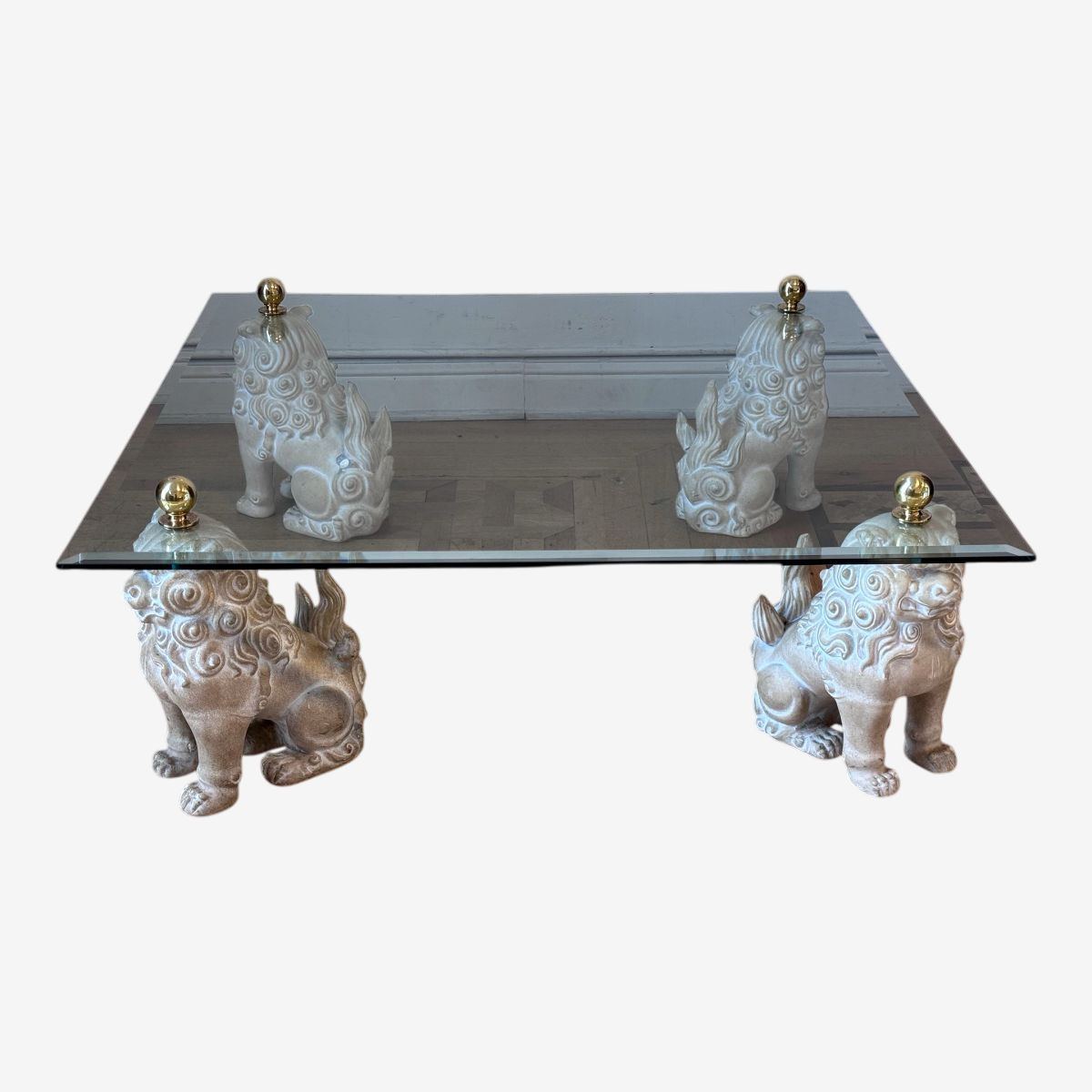 アンティークlion Glass Top Coffee Table Composite Vintage Painted Lion Sculpture Coffee Table, AGG