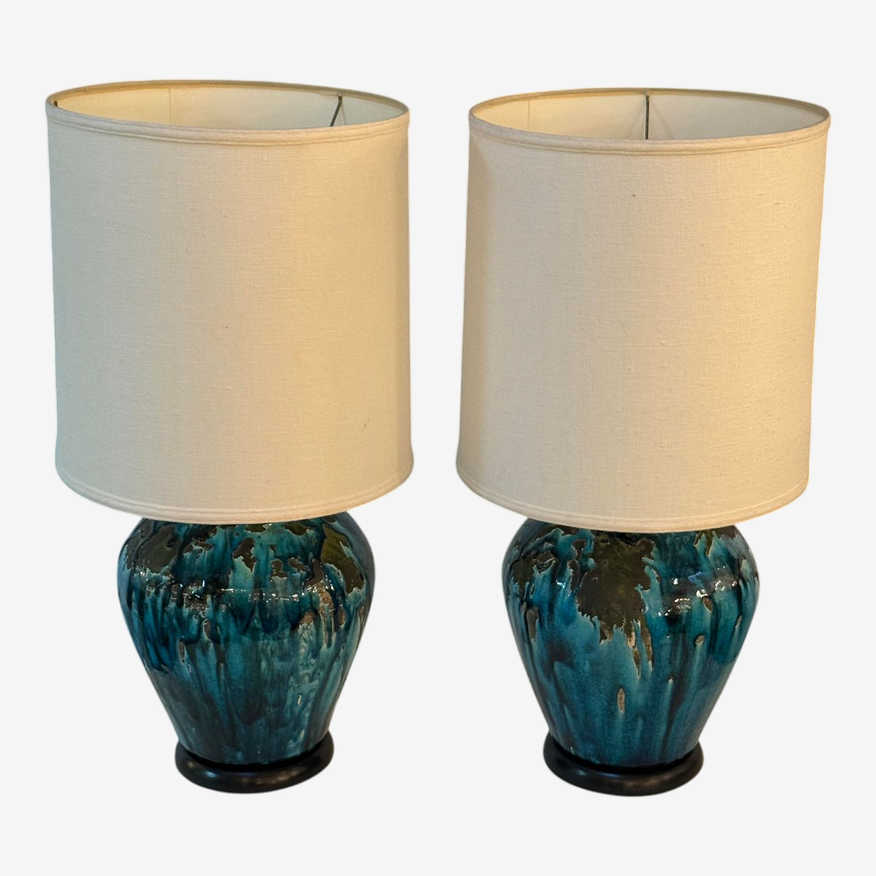 Vintage Turquoise Drip Glaze Table Lamps, a Pair - image 0