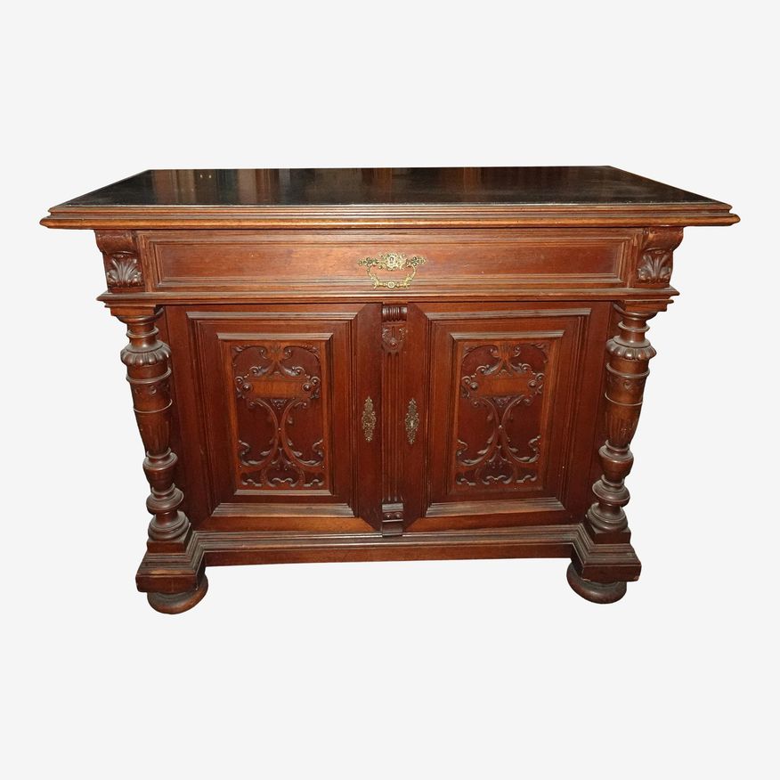 Antique Black Marble Top French Victorian Ornate Sideboard Cabinet Entry Table - image 0